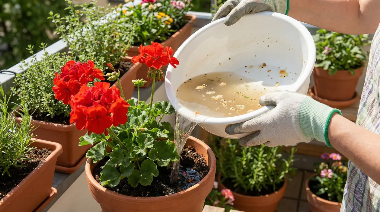 Persona che versa acqua di cottura in un vaso con gerani rossi sul balcone, tra altre piante in terracotta