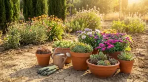 Piante in vaso e fiori resistenti al caldo in un orto soleggiato con terreno secco