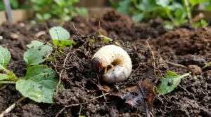 Larva bianca con testa scura nel terreno del giardino tra foglie e radici