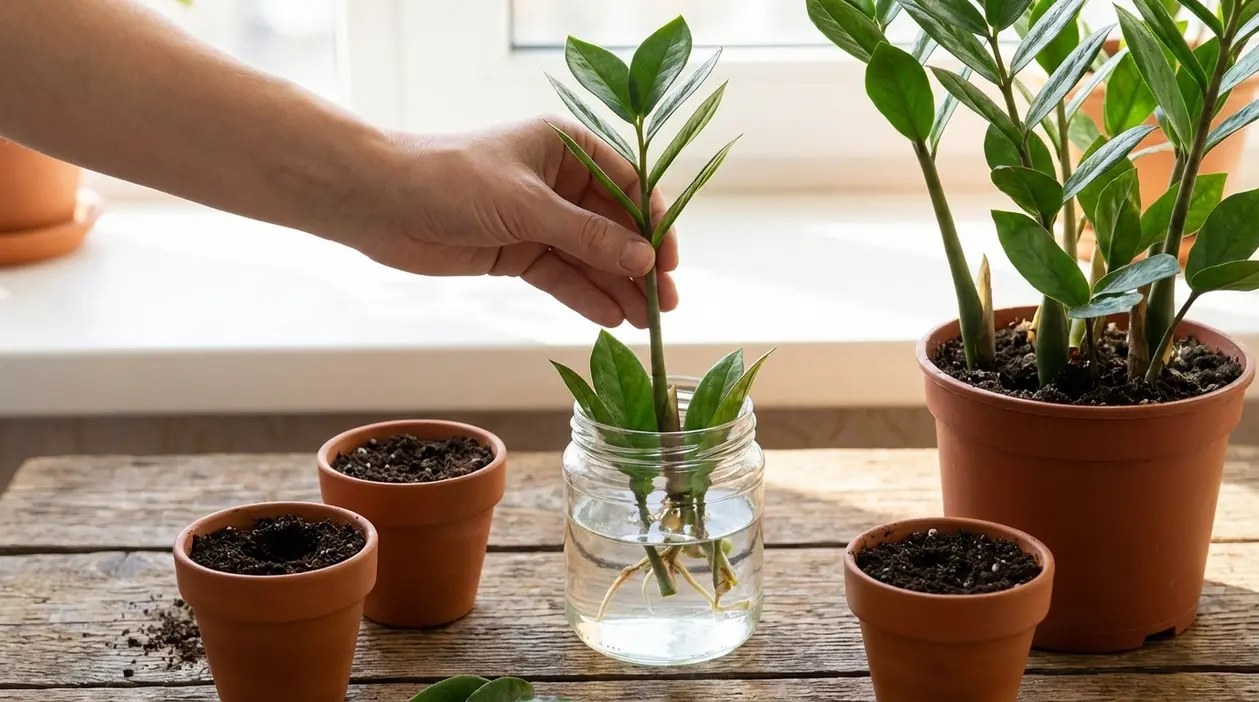Mano che sistema talee di zamioculcas in acqua accanto a vasi con terriccio e pianta madre