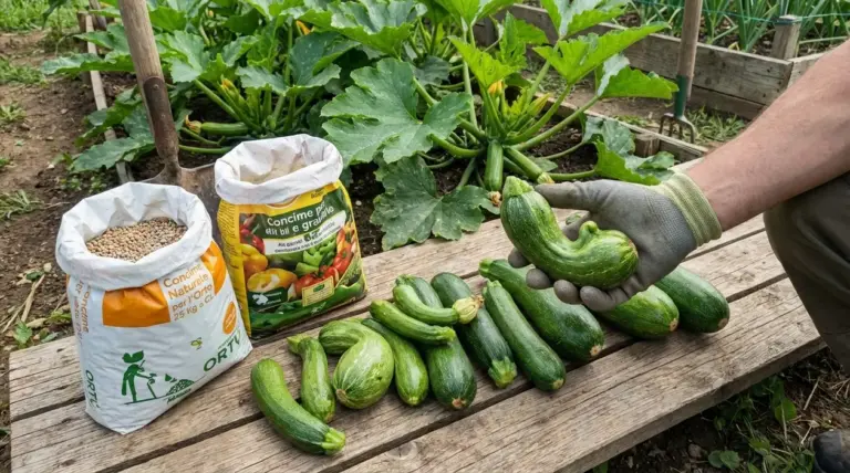 Zucchine raccolte su un tavolo con concime granulare e mano con guanto che mostra una zucchina deformata nell’orto