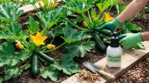 Trattamento preventivo naturale su piante di zucchine in orto, con frutti e fiori gialli, per evitare l’oidio