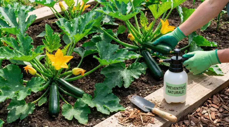 Trattamento preventivo naturale su piante di zucchine in orto, con frutti e fiori gialli, per evitare l’oidio