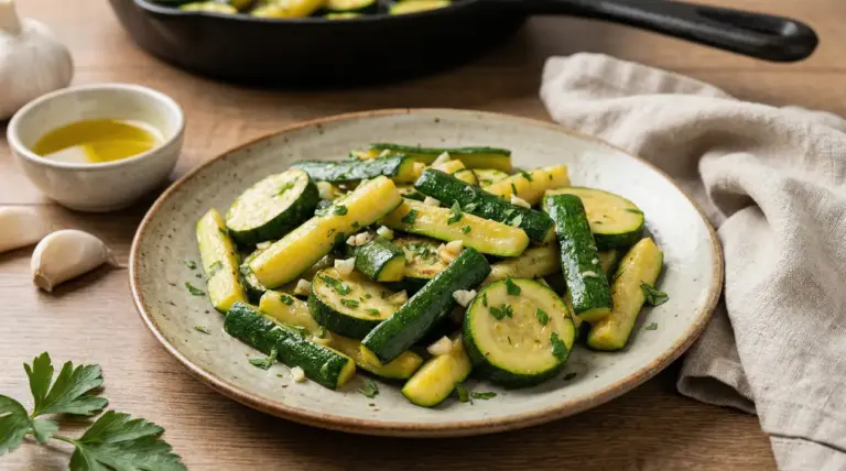 Piatto di zucchine saltate in padella con aglio, olio e prezzemolo, pronte in pochi minuti
